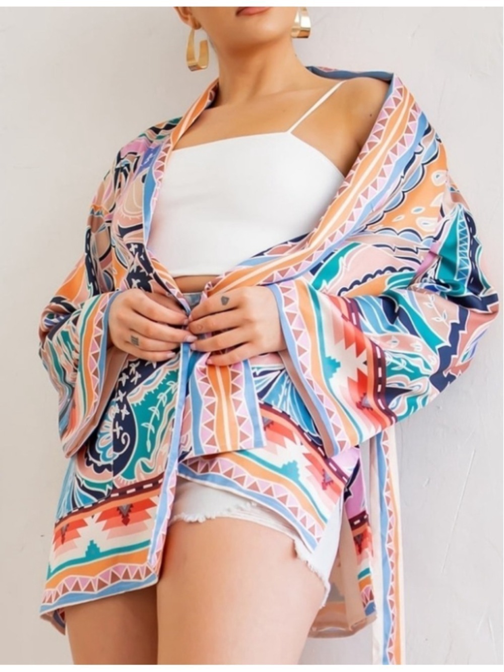 Her Bottari Kimono Top Robe Jacket Open Front Aztec Boho Women's Size Large